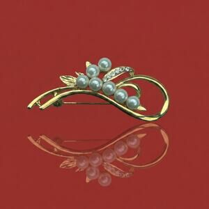 Vintage Faux Pearl & Rhinestone Swirl Brooch | Gold-Tone Floral Spray Pin